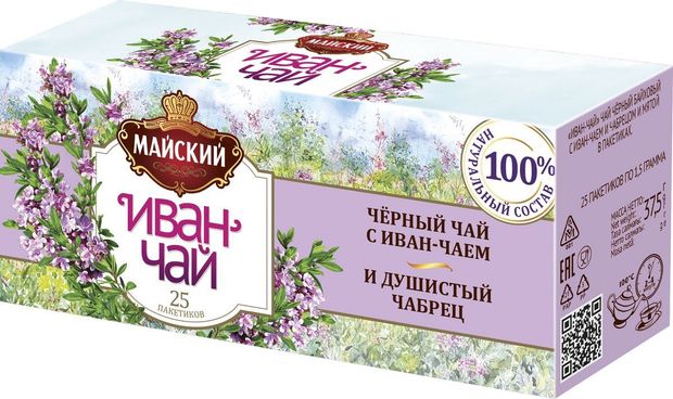 Чай черный Майский Иван-чай с чабрецом в пакетиках 25х14 г 89₽