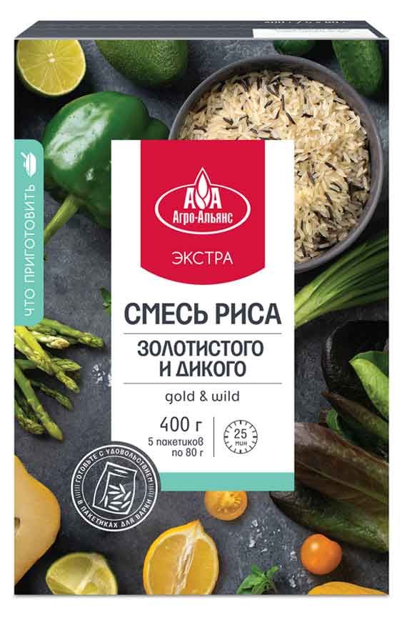 Рис пропаренный Агро-Альянс смесь золотистого и дикого риса экстра 5х80 г 223₽