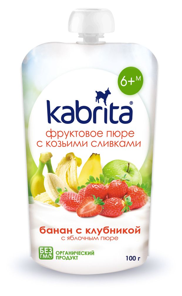 Пюре фруктовое Kabrita с козьими сливками Банан с клубникой и яблочным пюре 6+, 100 г