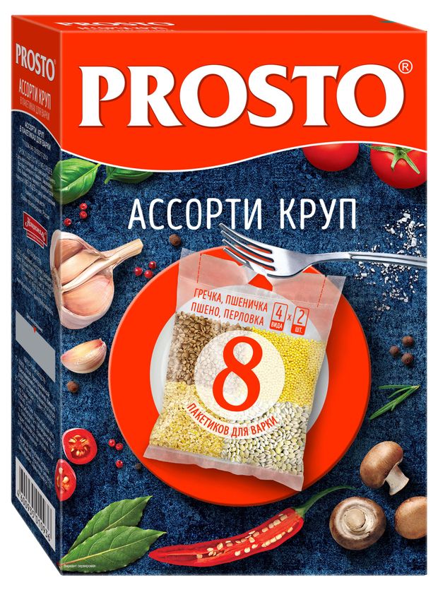 Ассорти круп PROSTO греча пшено пшеничка перловка в пакетиках для варки 8 порций, 500 г