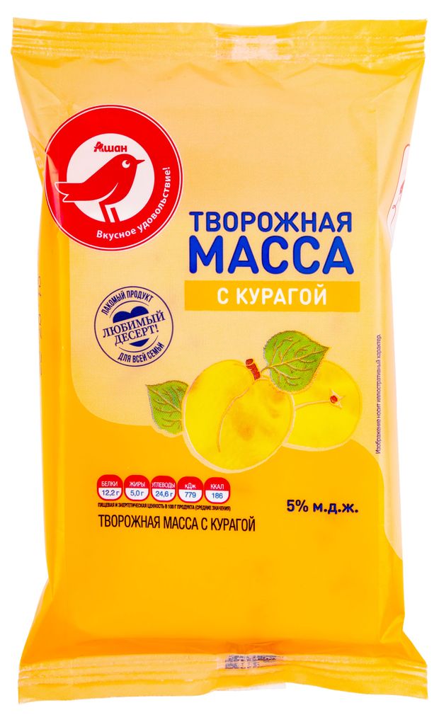 Масса творожная АШАН Красная птица с курагой 5% БЗМЖ, 180 г