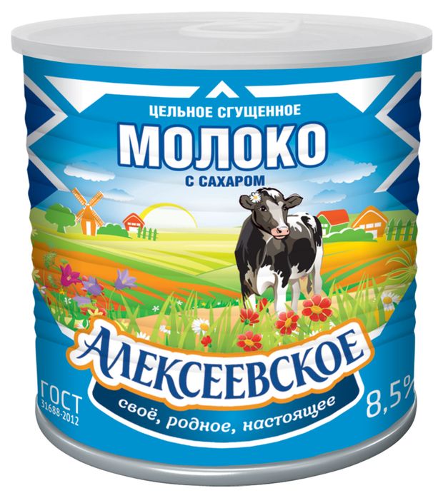 Молоко сгущенное Алексеевское цельное с сахаром 8,5% БЗМЖ, 360 г