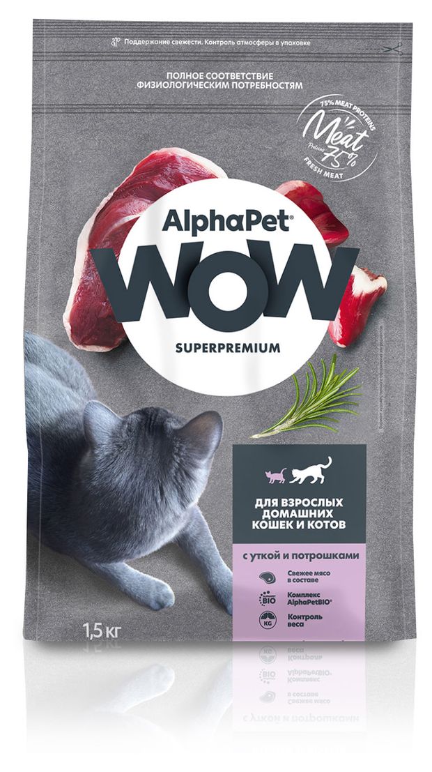 фото Сухой корм для кошек alphapet wow утка и потрошки, 1,5 кг