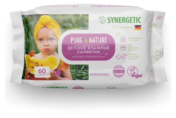 Салфетки влажные для детей Synergetic Pure&Nature Алоэ вера и нежный хлопок, 60 шт