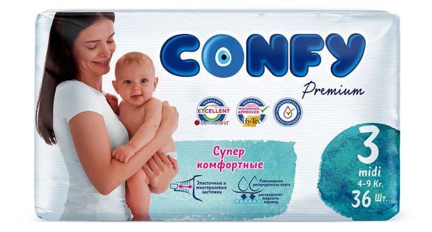 Подгузники Confy Premium Midi размер 3 (4-9 кг), 36 шт