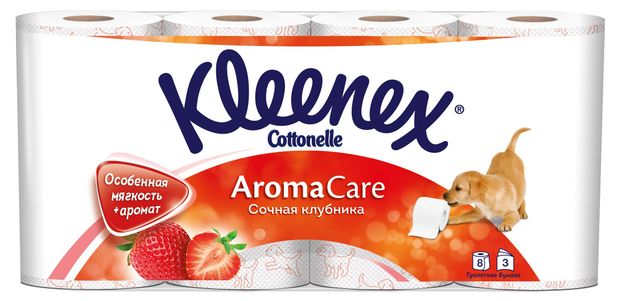 Туалетная бумага Kleenex Aroma Care Сочная Клубника 3 слоя, 8 рулонов