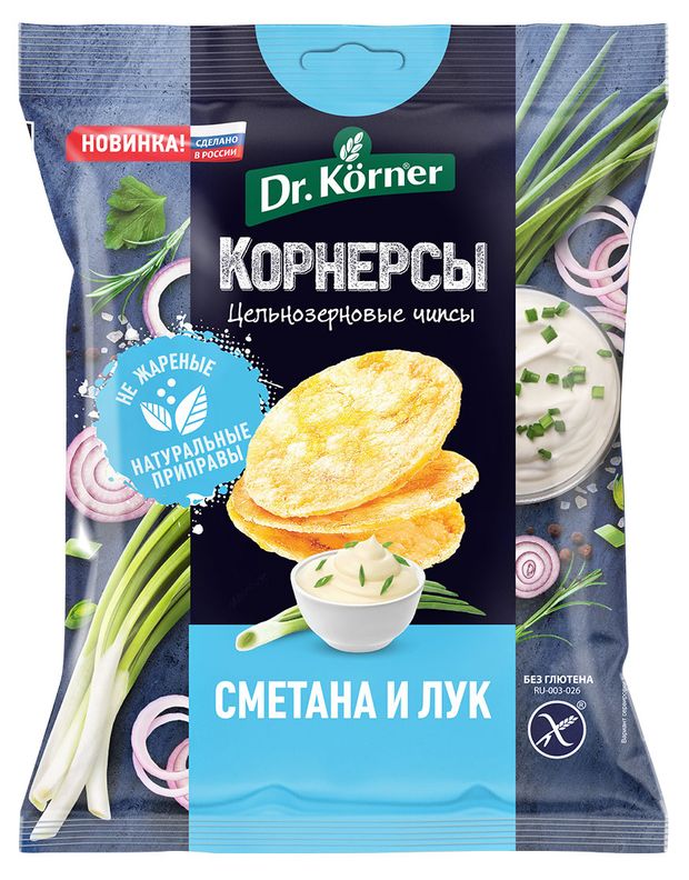 Чипсы безглютеновые Dr. Korner цельнозерновые со сметаной и зеленым луком 50г