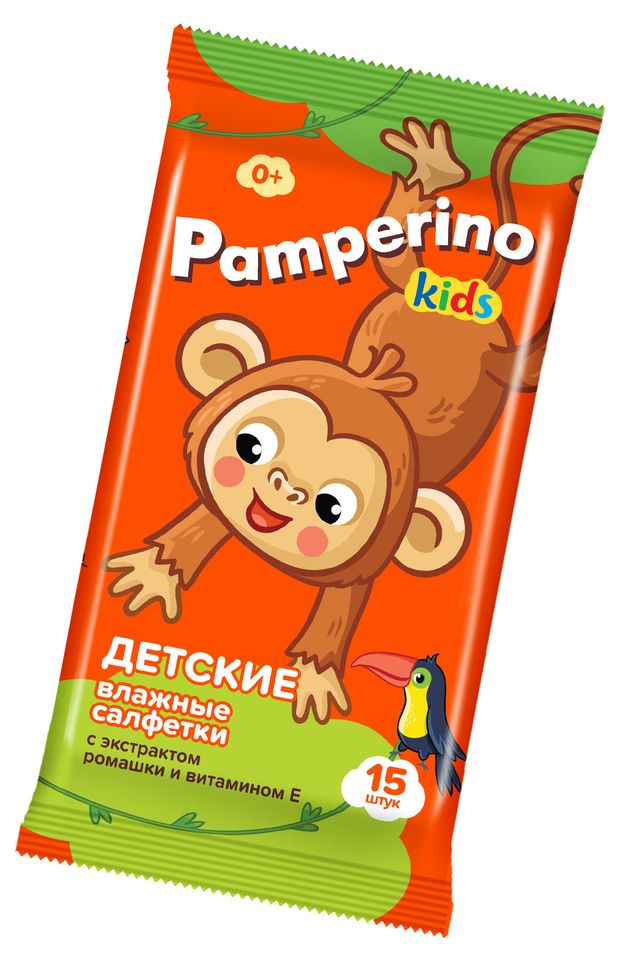 Салфетки влажные детские Pamperino с экстрактом ромашки и витамино Е, 15 шт