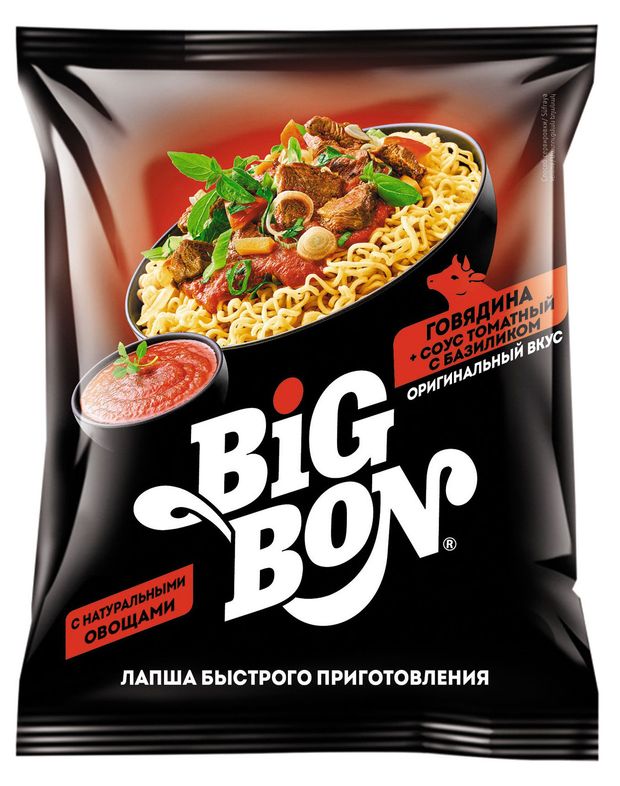 Лапша быстрого приготовления BIGBON Говядина + соус Томатный с базиликом, 75 г