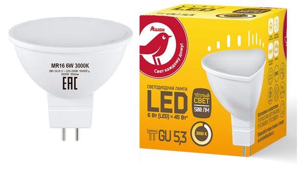 фото Лампа ашан красная птица led теплый свет 6w 220v gu5.3