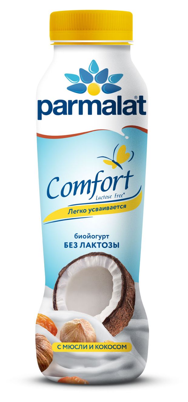 фото Биойогурт питьевой parmalat comfort мюсли-кокос безлактозный 1,5% бзмж, 290 г