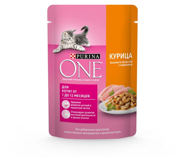 Влажный корм для котят Purina ONE с курицей и морковью в соусе, 75 г