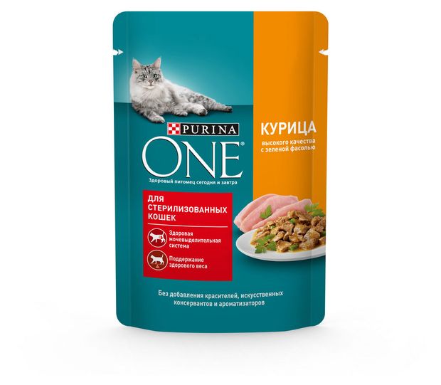 Влажный корм для стерилизованных кошек Purina ONE с курицей и зеленой фасолью в соусе, 75 г