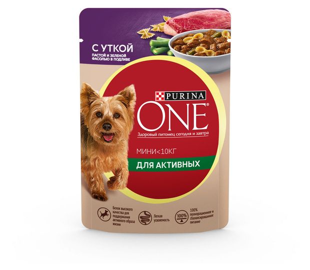 фото Влажный корм для собак purina one с уткой, пастой и зеленой фасолью в подливе, 85 г