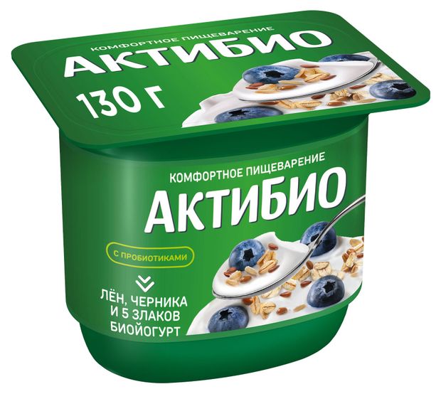 Йогурт АктиБио с черникой злаками и льном 3% БЗМЖ 130 г