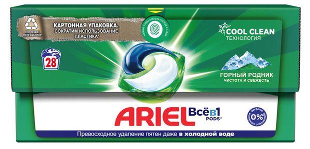 Капсулы для стирки Ariel Pods Всё-в-1 Горный родник, 28 шт