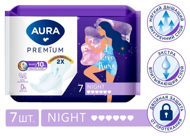 Прокладки женские Aura Premium Night 7 шт 169₽