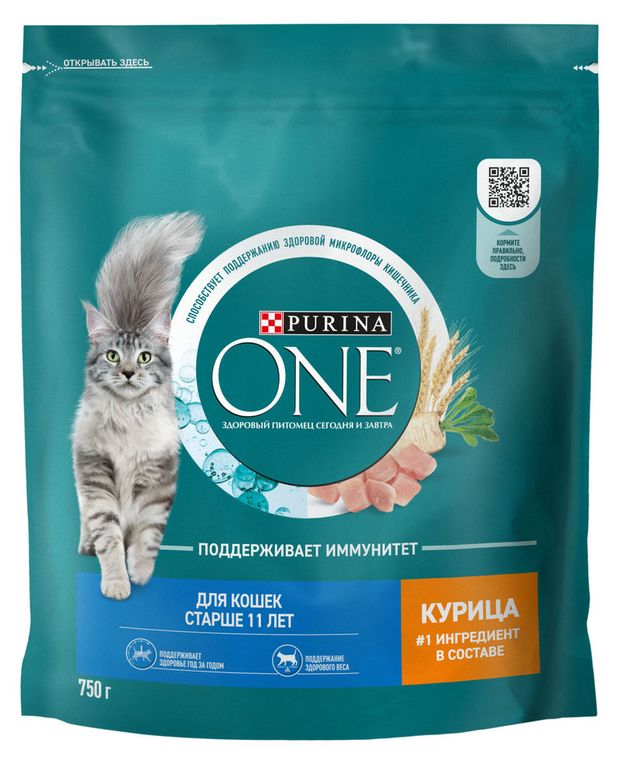 Сухой корм для кошек старше 11 лет Purina ONE с курицей, 750 г