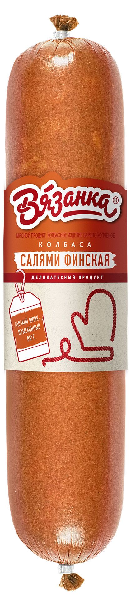 Колбаса варено-копченая Вязанка Салями финская мясной продукт (0,2-0,5 кг) , 1 упаковка ~ 0,35 кг