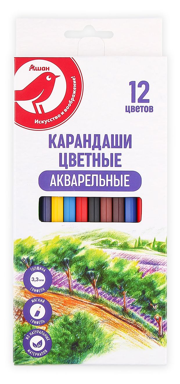 Канцтовары Карандаши АШАН Красная птица цветные акварельные, 12 цветов