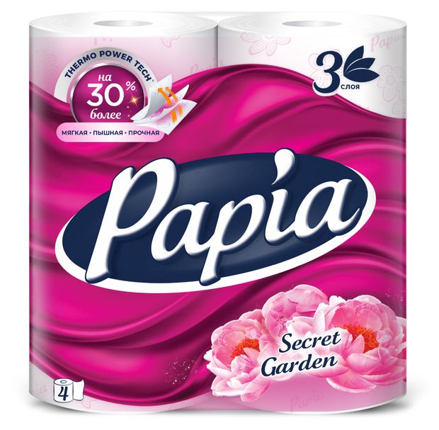 Туалетная бумага Papia Secret Garden 3 слоя, 4 рулона