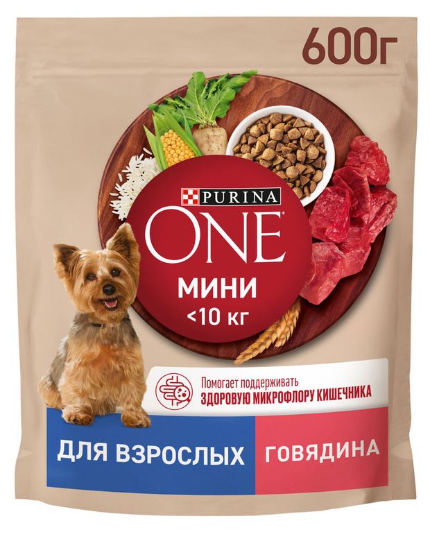 Сухой корм для собак Purina ONE с говядиной и рисом, 600 г