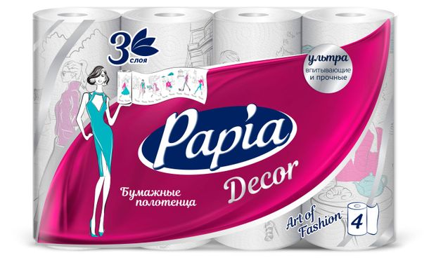 Полотенца бумажные Papia Decor 3 слоя, 4 рулона