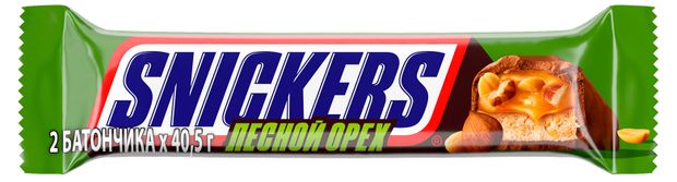 Батончик шоколадный Snickers Лесной орех с арахисом карамелью фундуком и нугой, 81 г