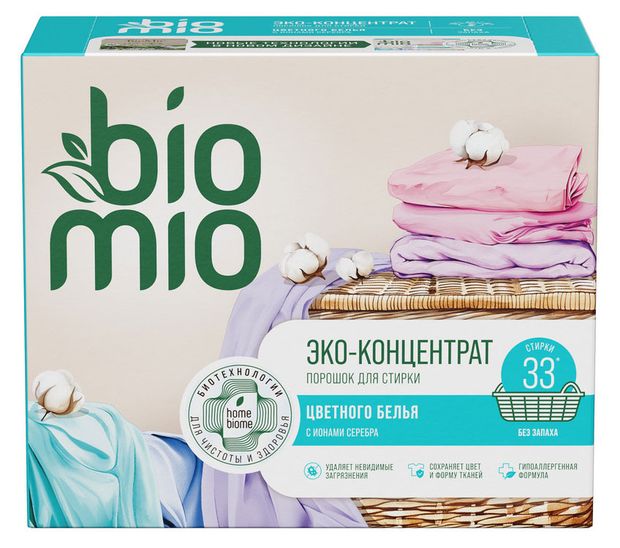 Порошок для стирки BioMio для цветного и белого белья без запаха, 1 кг (33 стирки)