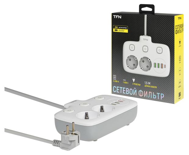 Сетевой фильтр TFN Power 2 White 2 розетки 3хUSB-A USB-C 15 м 2299₽