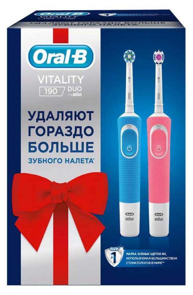 фото Подарочный набор зубная щетка электрическая oral-b vitality 190 duo розовая + голубая, 2 шт