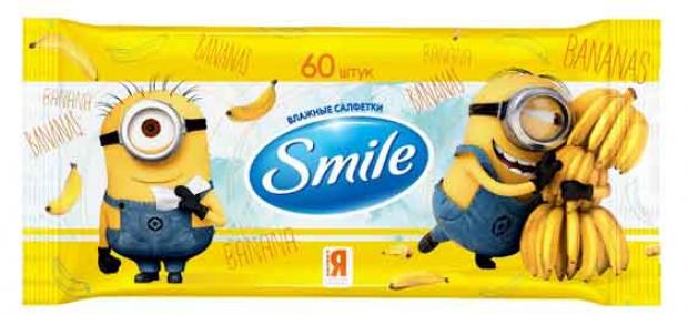 фото Влажные салфетки smile minions однослойные банан, 60 шт