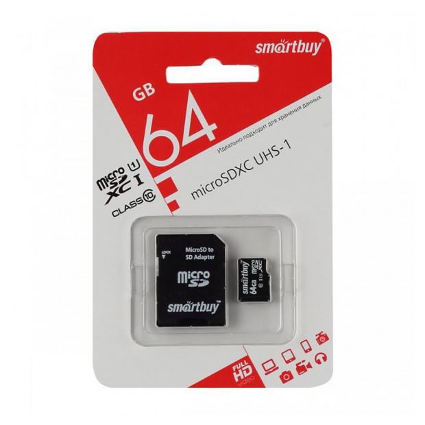 Карта памяти MicroSD Smartbuy 64GB с адаптером