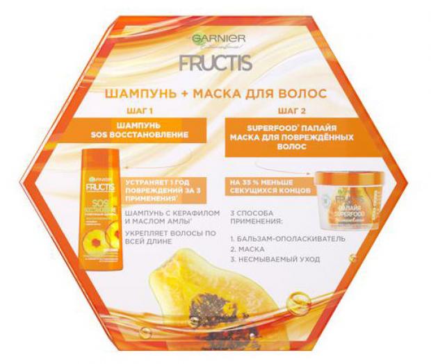 фото Подарочный набор шампунь для волос garnier fructis sos восстановление, 250 мл + маска для волос garnier fructis superfood папайя, 390 мл