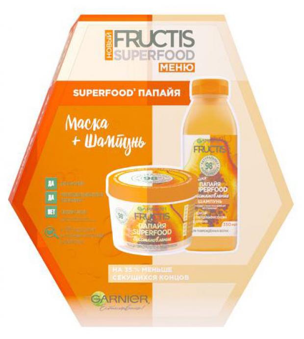 фото Подарочный набор шампунь для волос garnier fructis папайя superfood восстановление для поврежденных волос, 350 мл + маска для волос garnier fructis superfood папайя 3в1, 390 мл