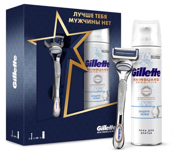 фото Подарочный набор бритва gillette skinguard со сменной кассетой + пена для бритья gillette skinguard sensitive, 250 мл