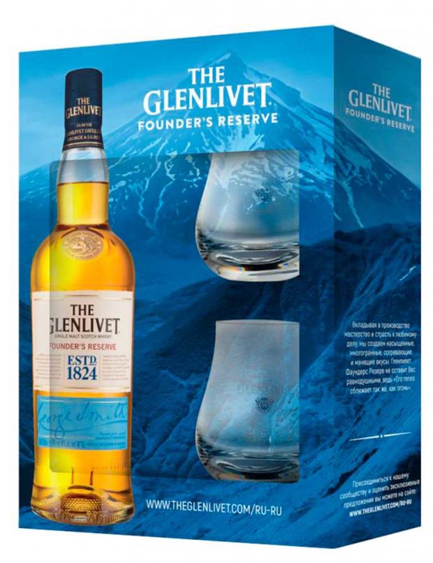 фото Виски the glenlivet founder's reserve в подарочной упаковке с двумя стаканами шотландия, 0,7 л