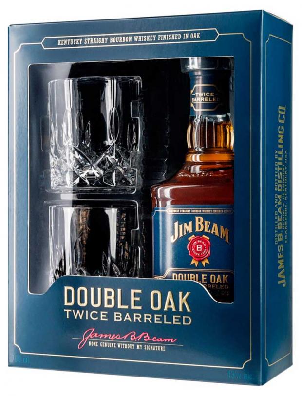 фото Виски jim beam double oak в подарочной упаковке с двумя стаканами сша, 0,7 л