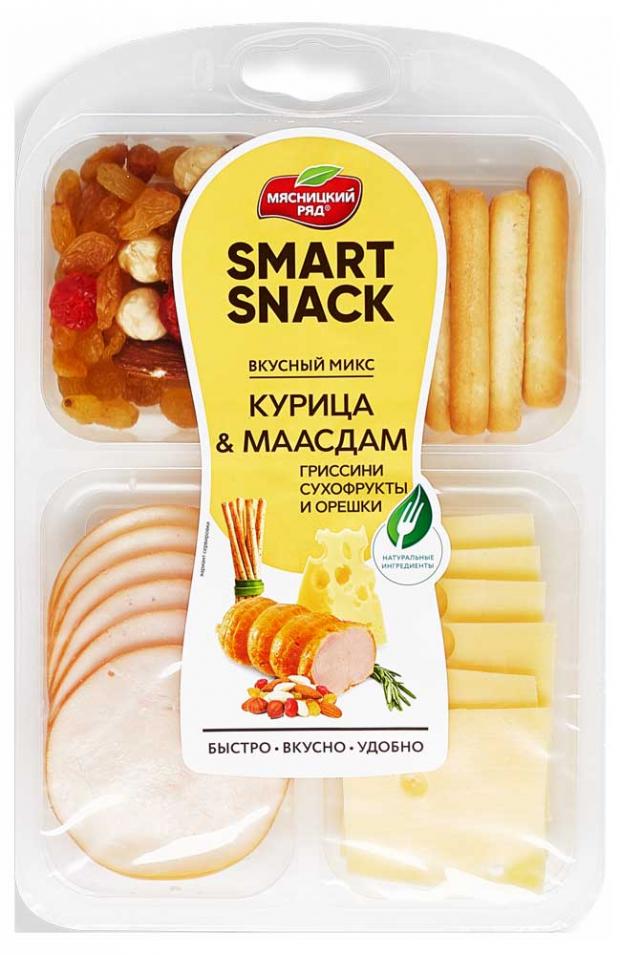 

Закуска «Мясницкий ряд» Smart Snack Курица Маасдам Крекер Сухофрукты и Орешки, 90 г