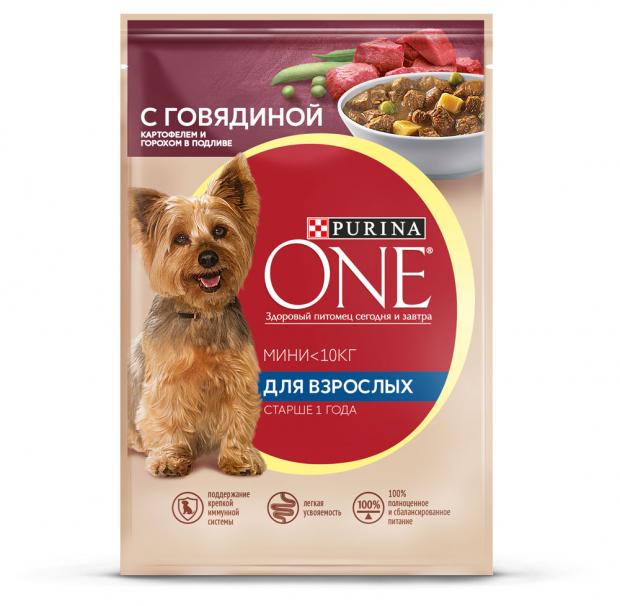 фото Корм для собак purina one мини с влажный с говядиной картофелем и горохом в подливе, 85 г