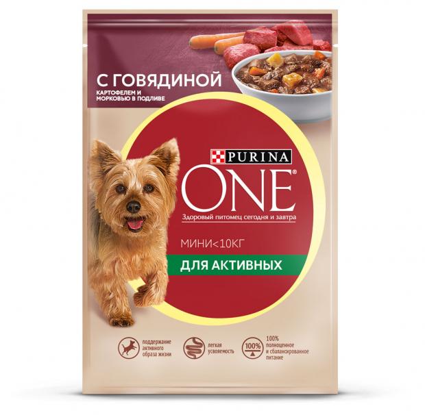 фото Корм для собак purina one мини влажный для активных пород с говядиной картофелем и морковью для мелких пород, 85 г