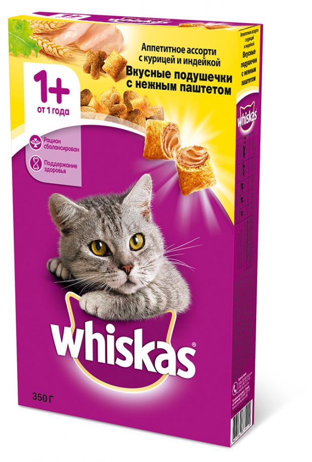 Сухой корм для кошек Whiskas сухой с курицей и индейкой для взрослых пород 350 г 99₽