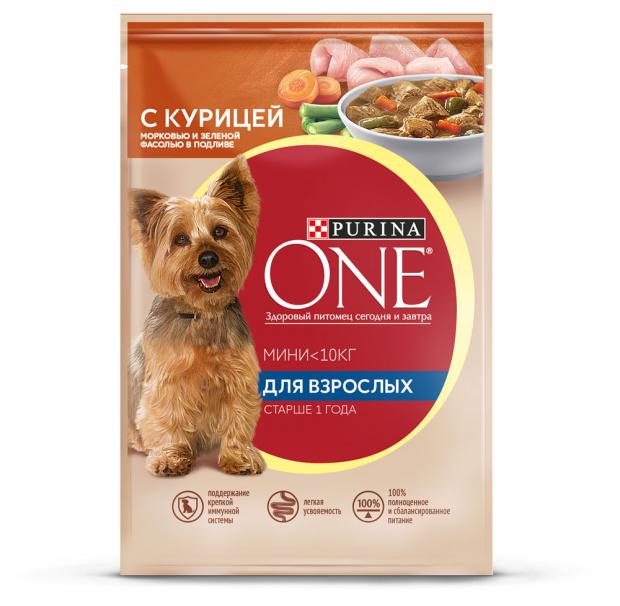 фото Корм для собак purina one мини для взрослых мелких пород с курицей морковью и зеленой фасолью, 85 г