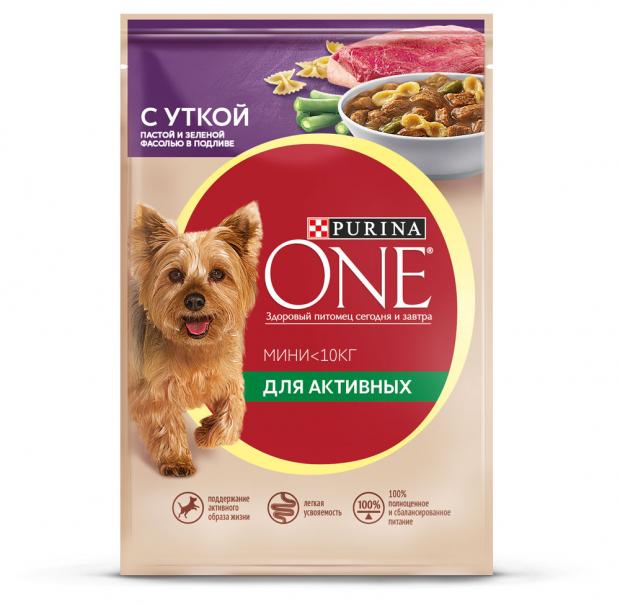 фото Корм для собак purina one мини влажный для активных мелких пород с уткой, пастой и зеленой фасолью, 85 г