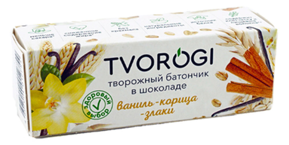 Tvorogi | Творожный батончик Tvorogi ваниль-корица-злаки глазированный в шоколаде 15% БЗМЖ, 45 г