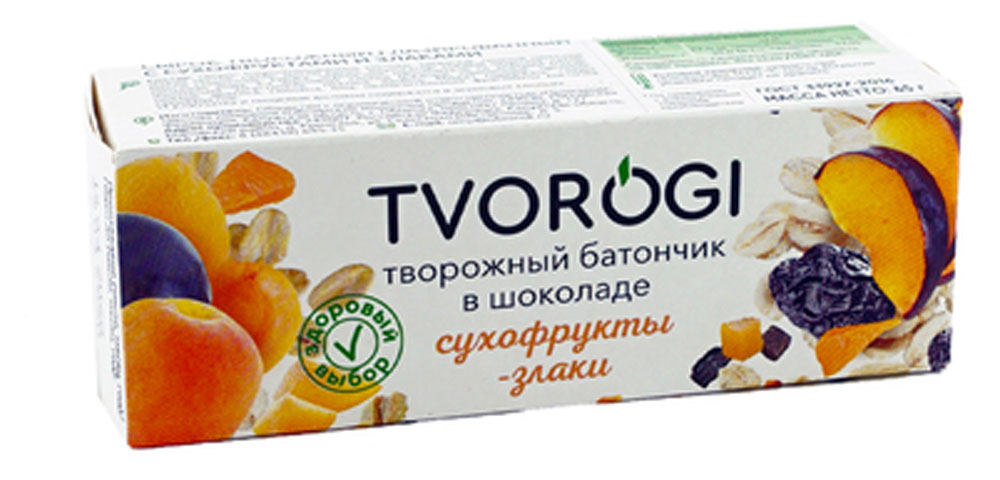 Tvorogi | Творожный батончик Tvorogi сухофрукты-злаки глазированный в шоколаде 15%, 45 г