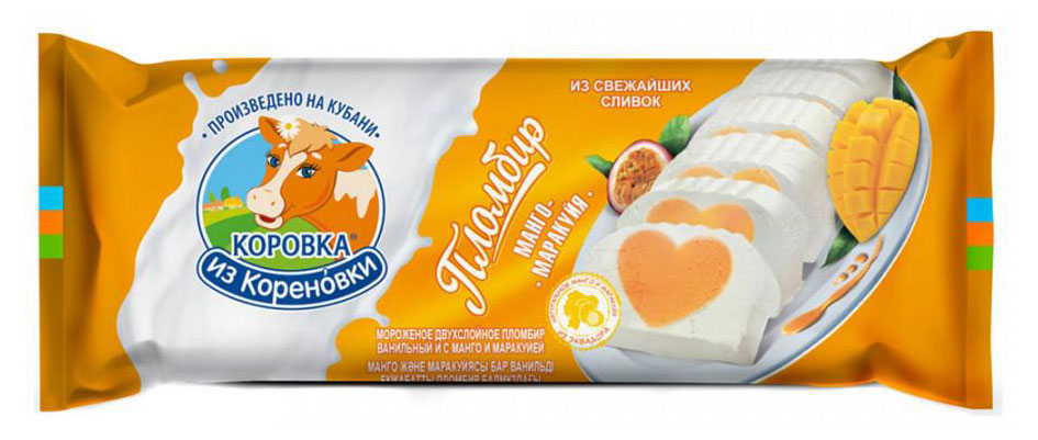 Мороженое «Коровка из Кореновки» пломбир двухслойный ваниль и манго-маракуйя БЗМЖ, 400 г