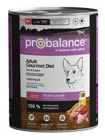 

Корм влажный для собак Probalance Gourmet Diet с телятиной и кроликом, 850 г