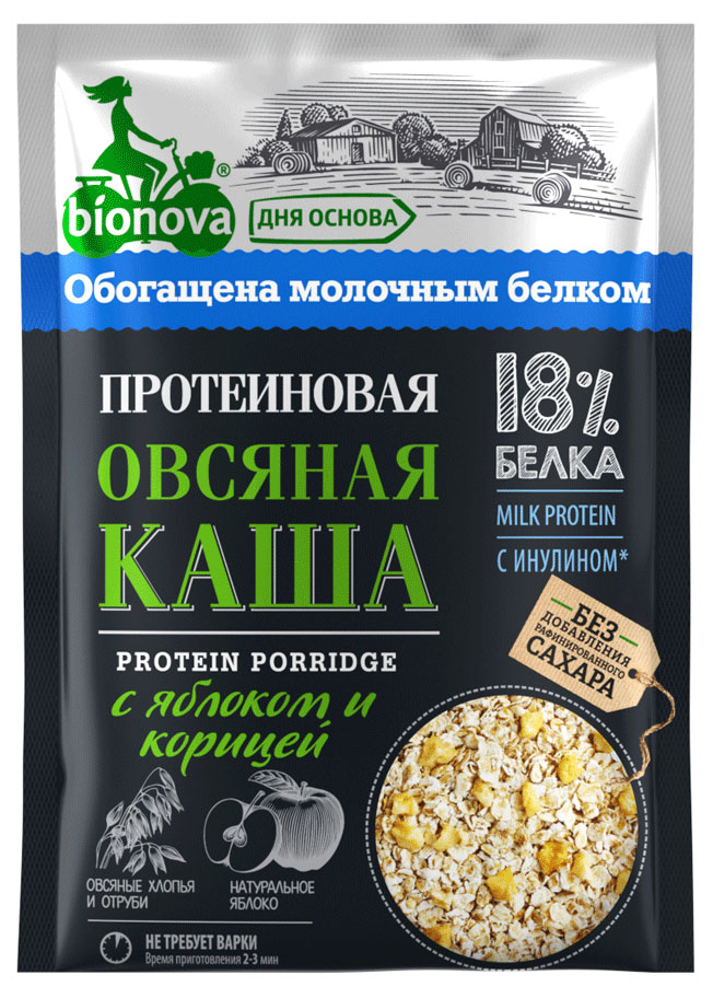 Bionova | Каша овсяная Bionova протеиновая с яблоком и корицей 18%, 40 г