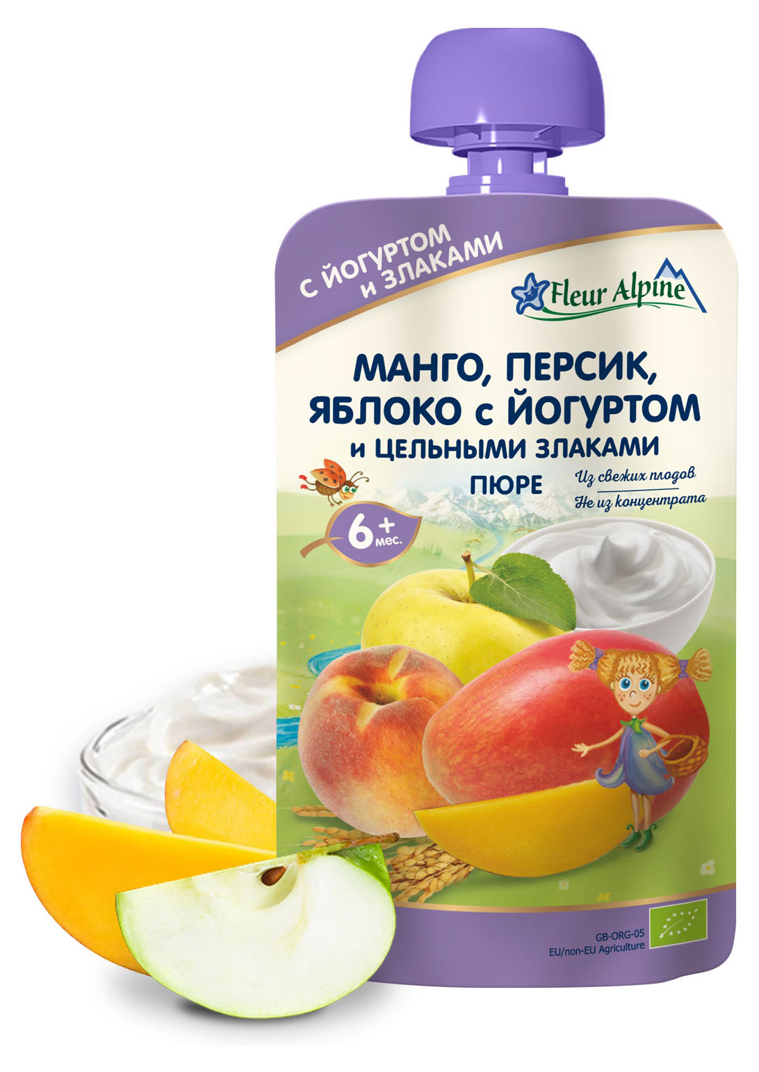 Пюре детское Fleur Alpine манго, персик, яблоко с йогуртом и цельными злаками, с 6 месяцев, 120 г